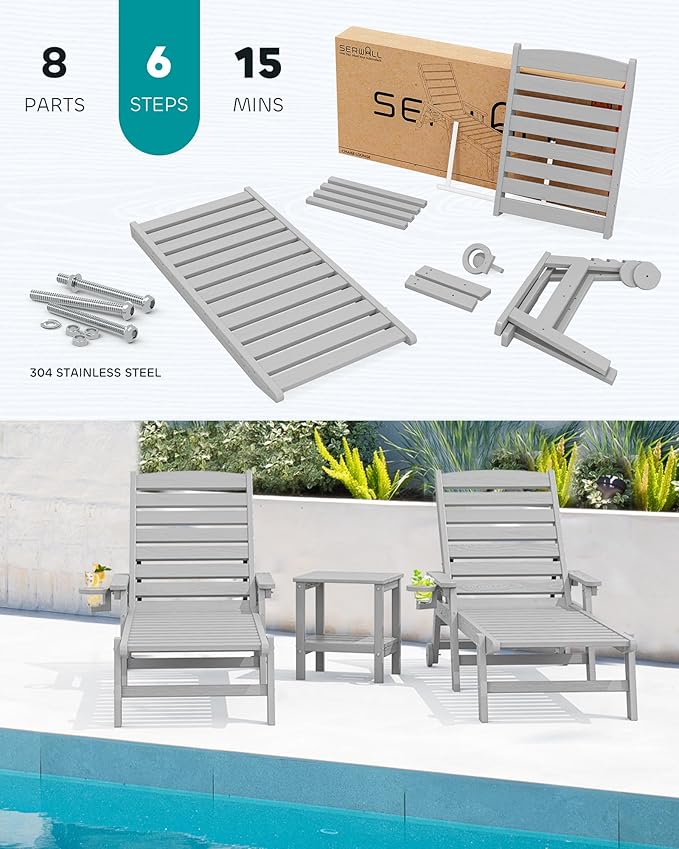 SERWALL Patio Chaise Lounge Chair Set of 2, Poly Lounge Chair - Image 6