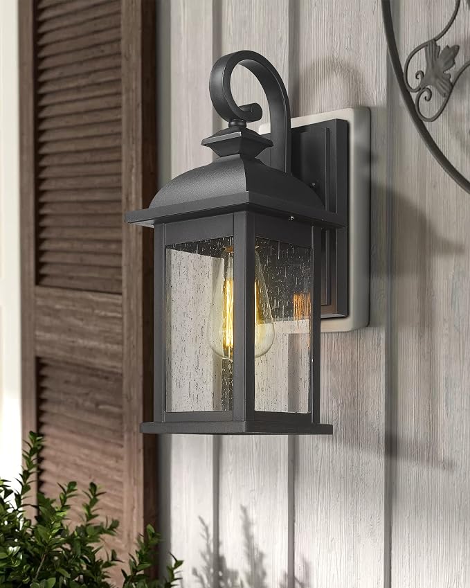 FEMILA Outdoor Wall Sconce, 14.9" Matte Black Seeded Glass Outdoor Sconce Lights - Image 3