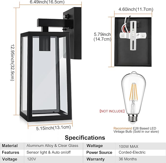 SHINE HAI Dusk to Dawn Sensor Outdoor Wall Sconce, Exterior Porch Lantern - Image 5