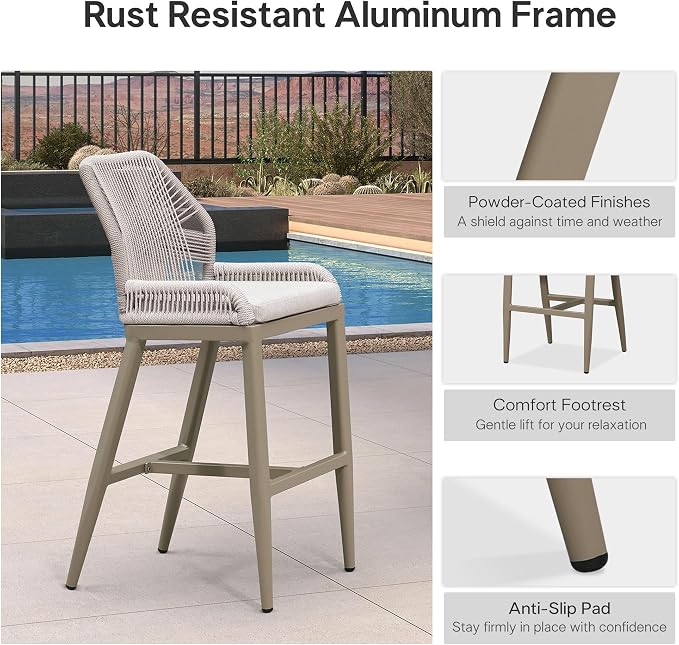 PURPLE LEAF Bar Stools Set of 2 Outdoor Bar Height Metal Stools Modern Wicker - Image 6