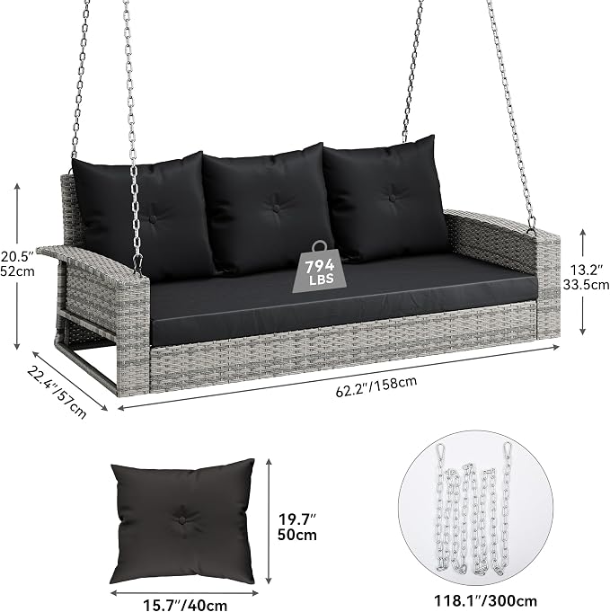 YITAHOME 3-Seats Wicker Hanging Porch Swing Chair Outdoor Gray Rattan Patio - Image 3