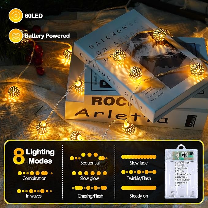 Moroccan String Lights Outdoor Battery Operated, 60 LED 36 FT Globe Fairy Lights - Image 4