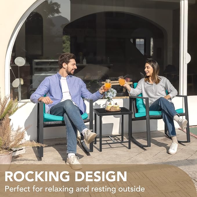Devoko 3 Piece Rocking Bistro Set Wicker Patio Outdoor Furniture Porch Chairs - Image 6