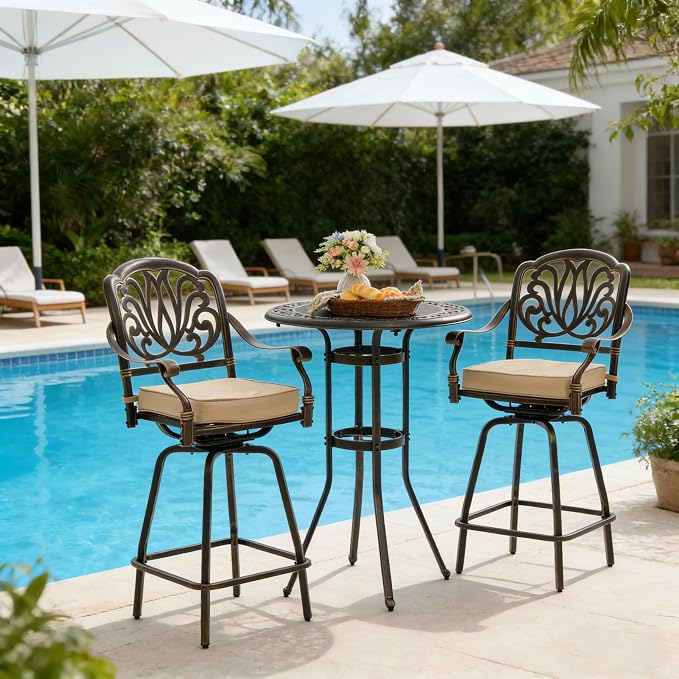 3 Piece Swivel Outdoor Table and Chairs Bar Set, All-Weather Cast Aluminum - Image 5