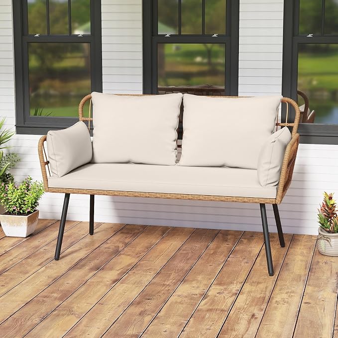 Tangkula Patio Wicker Loveseat, Outdoor Rattan 2-Seat Cushioned Sofa - Image 2