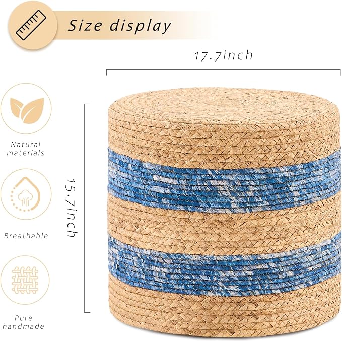 Handwoven Ottoman Pouf, Natural Water Hyacinth Footstool, Round Braided Outdoor - Image 3