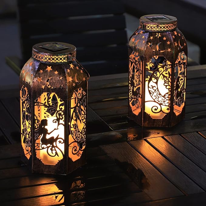 Solar Lanterns Outdoor Garden Hanging Lantern Waterproof LED Metal Bronze Moon - Image 8