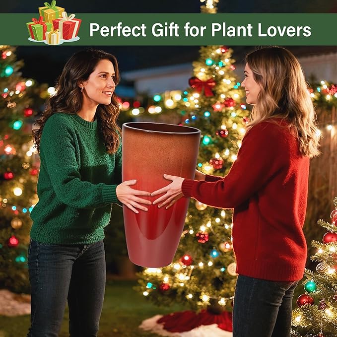 Set of 2 Lightweight Ceramic-Look Tall Planter, 21 inch Large Plastic Planter - Image 9