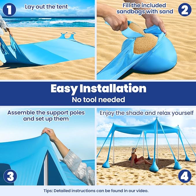 Rhino Valley Beach Tent Shade Canopy UPF50+ Protection, 8 Sandbags, 4 Stability - Image 5