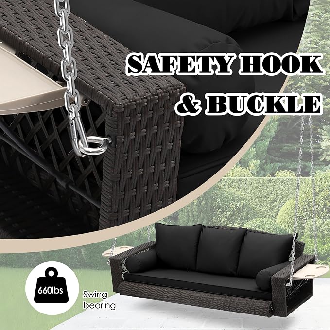 3-Person Hanging Porch Swing, Outdoor Wicker Chair, 76inch Bench - Image 3