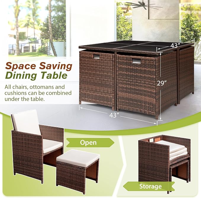 Devoko 9 Pieces Patio Dining Sets Outdoor Space Saving Rattan Chairs - Image 8
