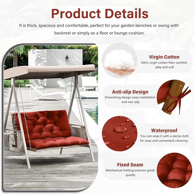 Porch Swing Cushion with Backrest, Waterproof Bench Cushion - Image 3