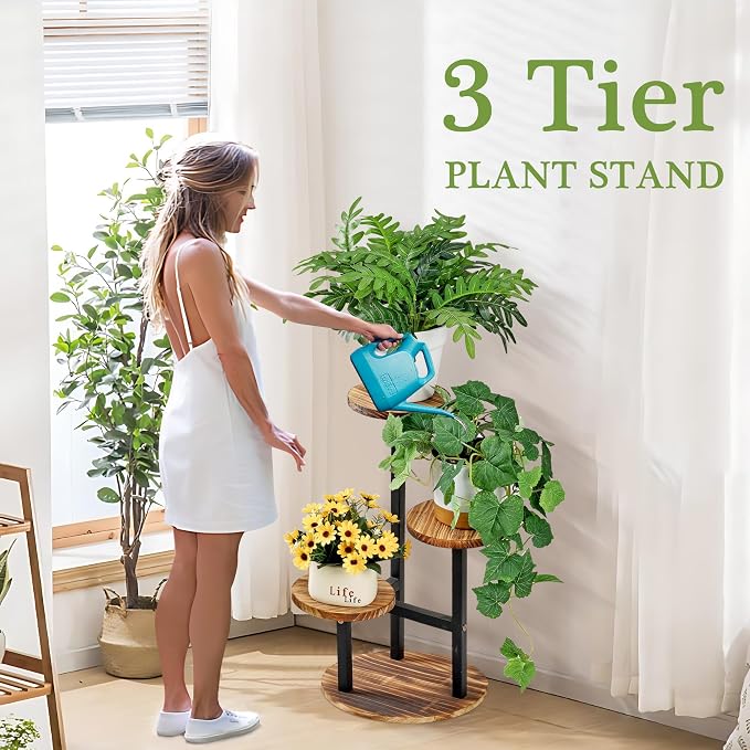 VECELO 3 Tier Plant Stand Indoor Outdoor, Tall Metal Wood Flower Shelf - Image 2