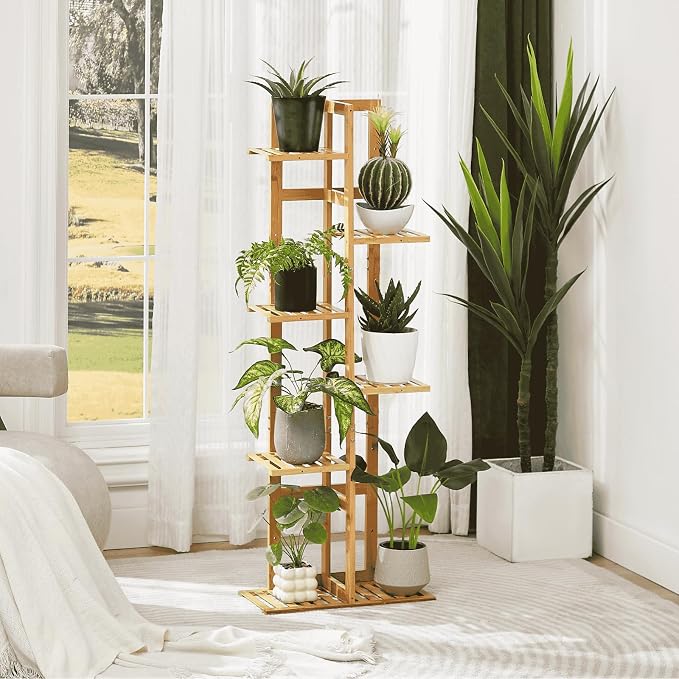 DolceLuna Plant Stand Indoor Corner, Tiered Bamboo Plant Shelf 46 Inch Tall - Image 2