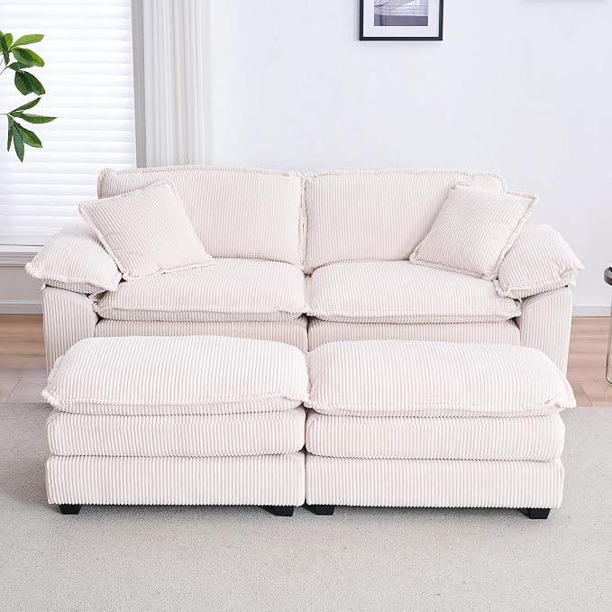 84.6” Corduroy Loveseat with Ottoman, Oversized Double Chaise Lounge Chair - Image 10