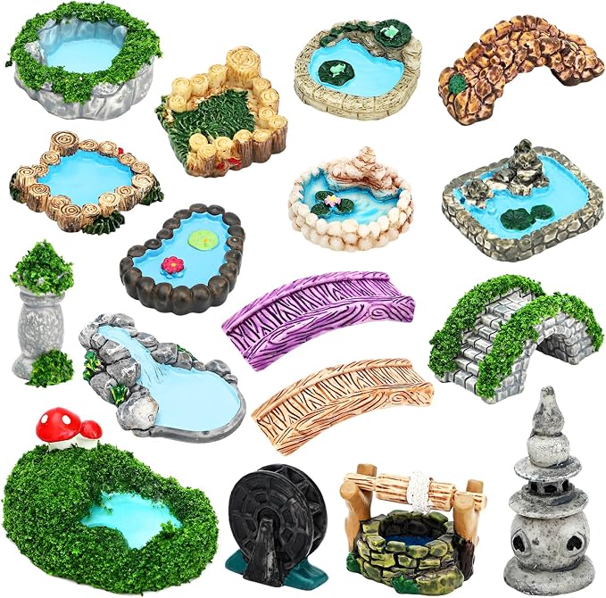 ONEST 17 Pieces Garden Miniature Accessories Mini Bridge Lighthouse Well Pond by OneMiniWorld