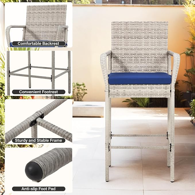 ECOTOUGE Set of 4 Patio Wicker Barstool, Outdoor Rattan Bar Height Chairs - Image 6