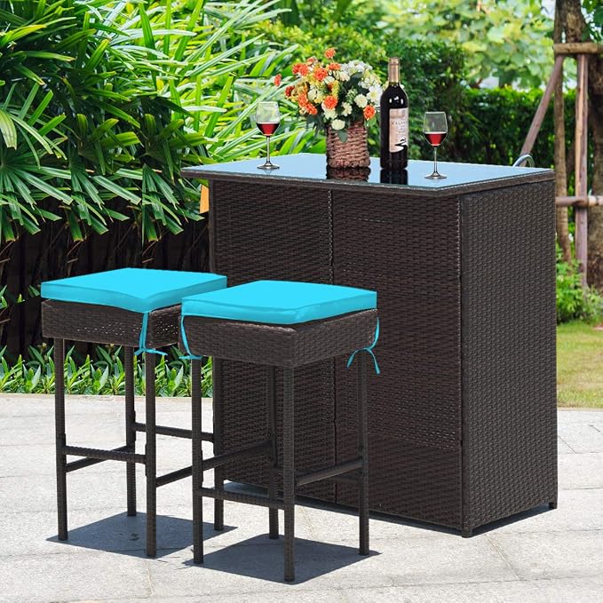 Tangkula Patio Bar Set, 3 Piece Outdoor Rattan Wicker Bar Set - Image 2