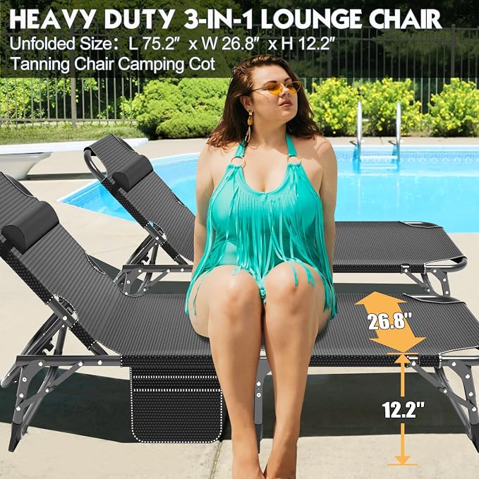 MOPHOTO Folding Chaise Lounge Chair 5-Position, Folding Cot, Heavy Duty Patio - Image 3