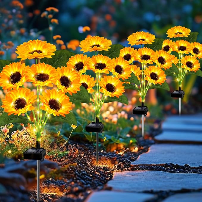 2 Pack with 12 Sunflower Solar Lights Outdoor Garden Decor, Solar Flowers - Image 3