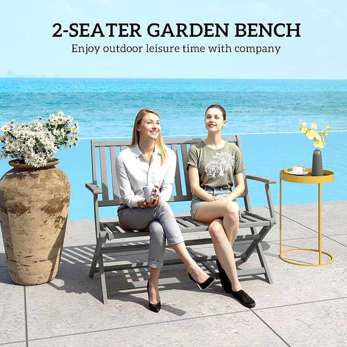 Outsunny Wood Outdoor Bench, 2-Person Foldable Patio Acacia Wood Garden Bench - Image 4