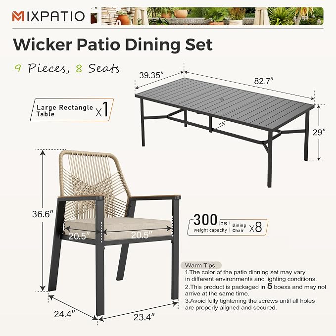 9 Pieces Outdoor Dining Set for 8, Patio Dining Set Wicker Rattan Chairs - Image 6