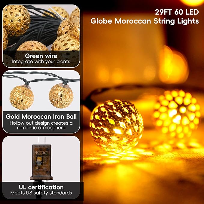 Moroccan String Lights Plug-in 60 LED 29ft Indoor Outdoor Waterproof 8 Modes - Image 3