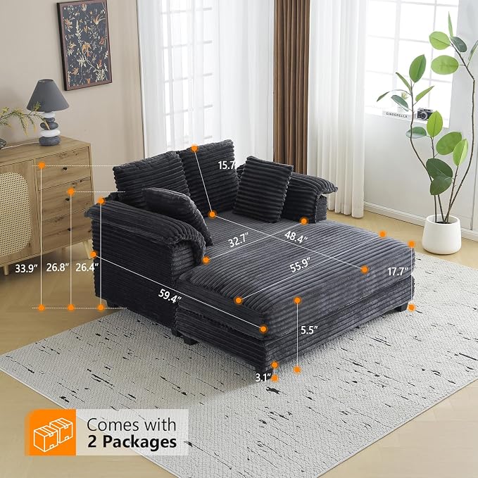 VINGLI 56" Oversized Chaise Lounge Chair, Dark Grey Comfy Corduroy Chaise Sofa - Image 2