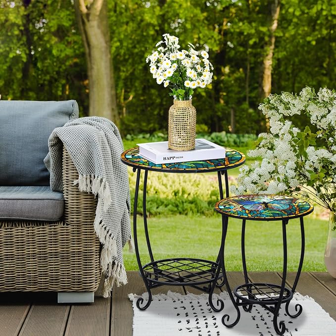 2 Pcs Outdoor Side Table Small Patio Round Mosaic Accent Indoor End Table Plant - Image 9