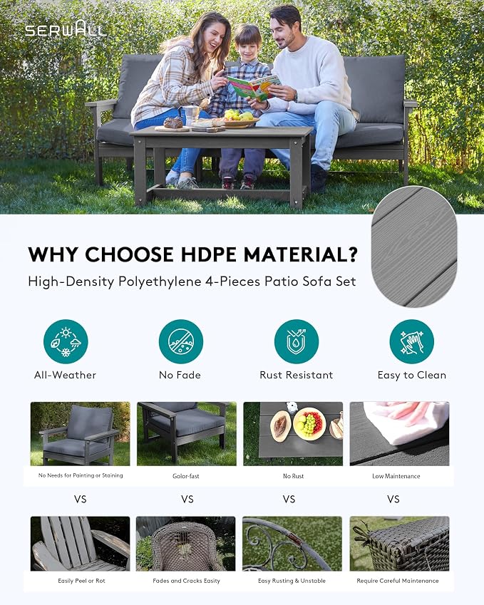 SERWALL HDPE Patio Sofa Set, 4-piece Sectional Outdoor Furniture Set, All - Image 3