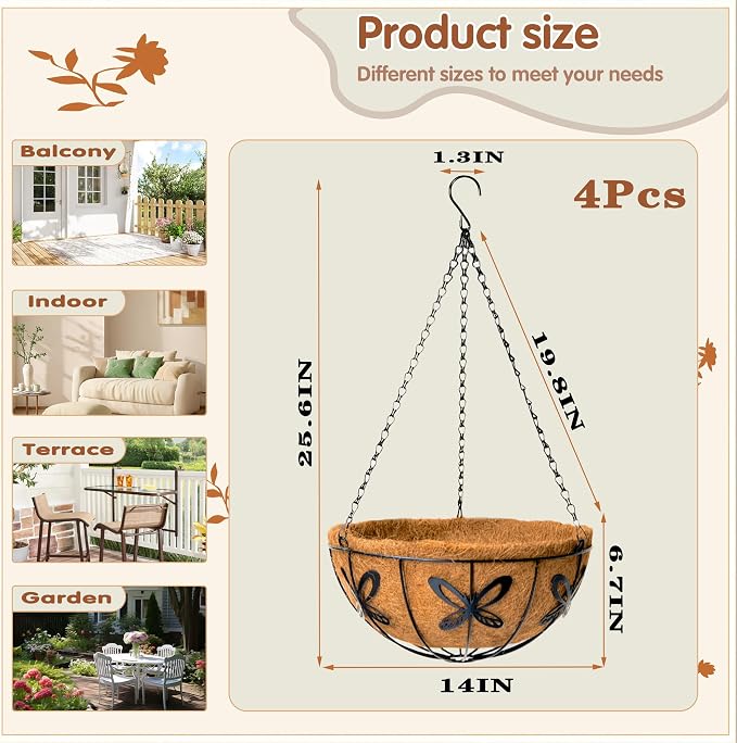 14 inch Metal Hanging Baskets For Plants Outdoor 4 Pack Round Metal Wire - Image 4