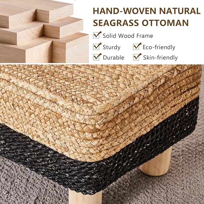 Wimarsbon Natural Seagrass Footstool Ottoman Rectangular Footrest Pouf Ottomans - Image 4
