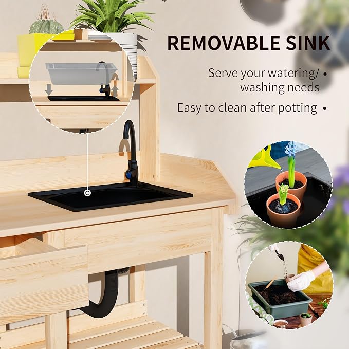 Outsunny Potting Bench Table, Outdoor Garden Table Wooden Work Station - Image 3