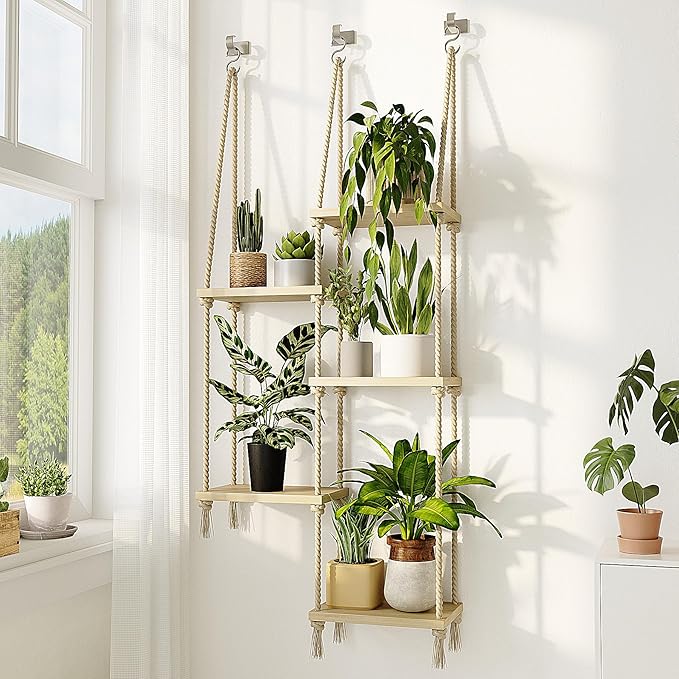 Bamworld Hanging Shelves Plant Hanger Indoor Window Plant Shelves Wood Plant - Image 6