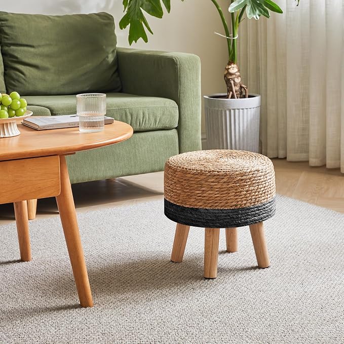 YMYNY Foot Stool Natural Seagrass Hand Weave, 12.6" Small Ottoman, Round - Image 5