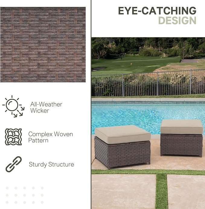 SUNSITT Outdoor Patio Ottoman Set of 2, All Weather Rattan Outdoor Ottoman Set - Image 4