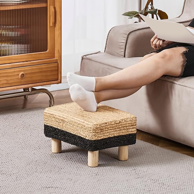 Wimarsbon Natural Seagrass Footstool Ottoman Rectangular Footrest Pouf Ottomans - Image 2