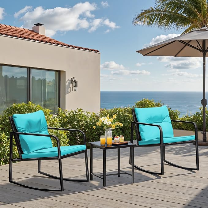 Greesum 3 Pieces Rocking Wicker Bistro Set, Patio Outdoor Furniture - Image 2