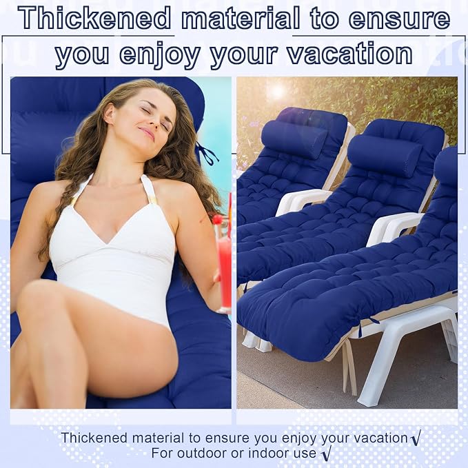 Tudomro 2 Pcs Blue 66'' Outdoor Chaise Lounge Cushion Waterproof Patio Lawn - Image 6