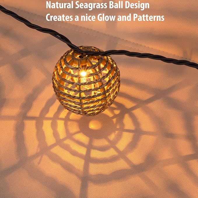 Decorative Outdoor Patio String Lights, Seagrass Rattan Wire Ball Style Lantern - Image 4