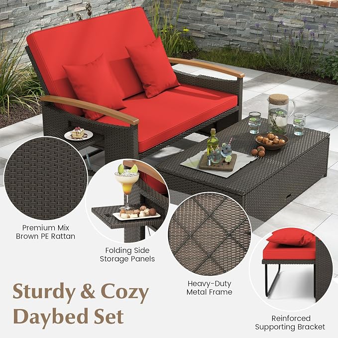 LDAILY Moccha Outdoor Wicker Daybed, Patio Rattan Loveseat Sofa w/ 4-Level - Image 8