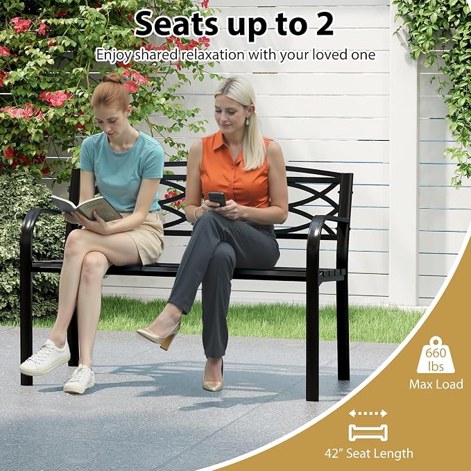 Tangkula Outdoor Metal Garden Park Bench, Heavy-Duty Metal Slatted Loveseat - Image 9