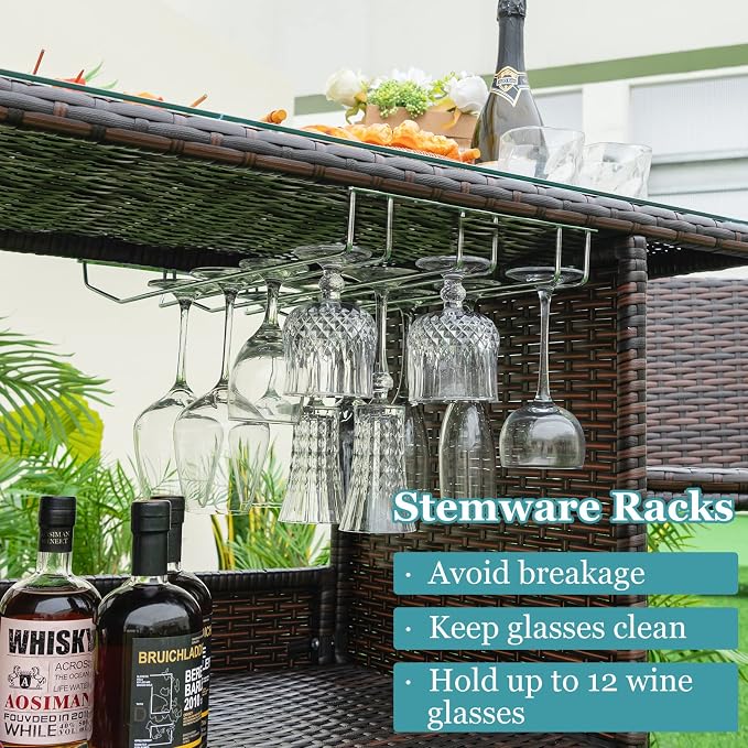 Tangkula Outdoor Bar Set, 3 Pieces Patio Wicker Bar Height Table and Chair Set - Image 5
