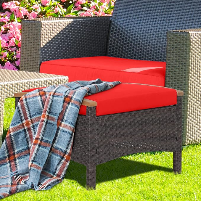 Tangkula 2 Piece Patio Rattan Ottomans, Outdoor Wicker Footstool w/Acacia Wood - Image 3
