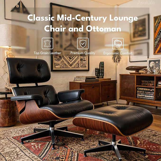 Top Black Grain Leather, Mid Century Chaise Lounge Chair and Ottoman, Leather - Image 4