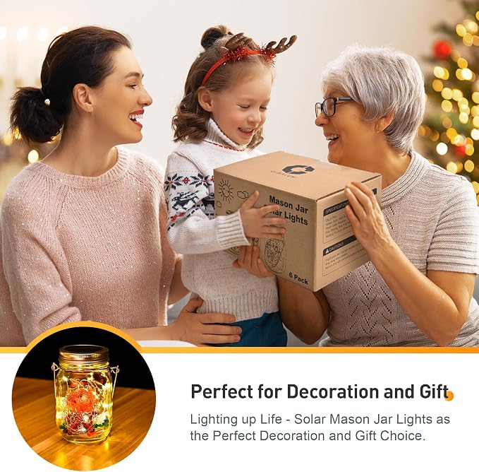 GIGALUMI Hanging Mason Jar Solar Lights, 6 Pack 30 Led Tinplate Lids Hanging - Image 4