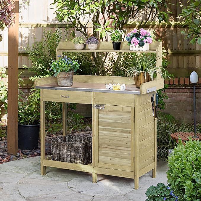 Yaheetech Outdoor Potting Bench Table, Garden Work Bench w/Metal Tabletop Work - Image 2