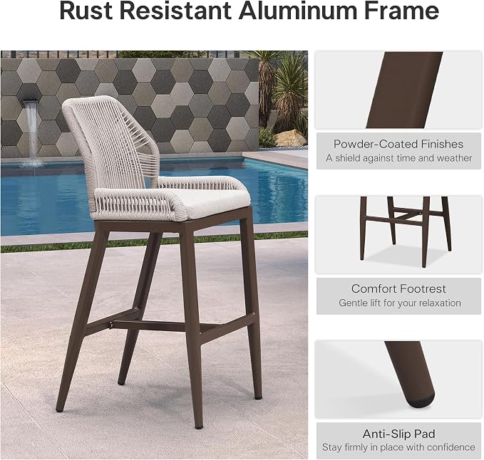 PURPLE LEAF Bar Stools Set of 2 Outdoor Bar Height Metal Stools Modern Wicker - Image 6