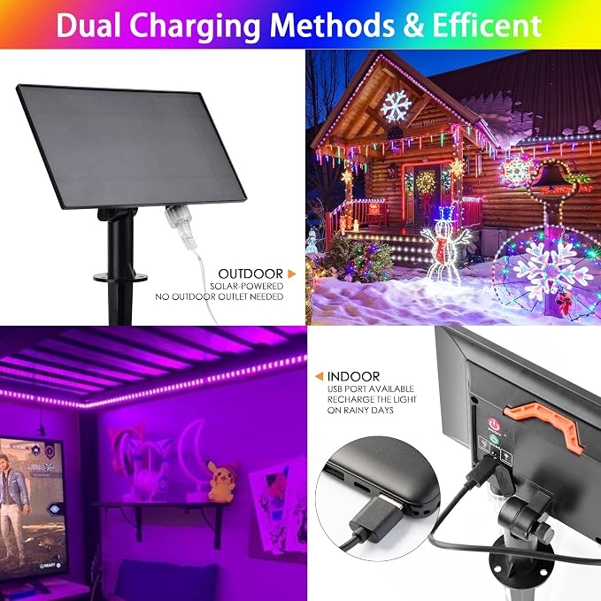99FT Solar Rope Lights Outdoor Waterproof, 300 LED String Light USB & Solar - Image 6