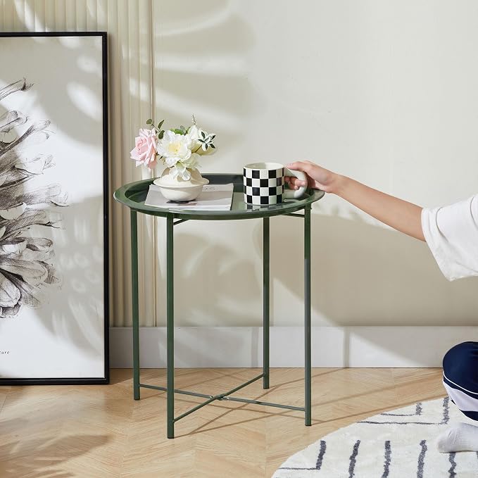 VECELO Side/End Table, Folding Round Metal Anti-Rust and Waterproof Outdoor or - Image 4